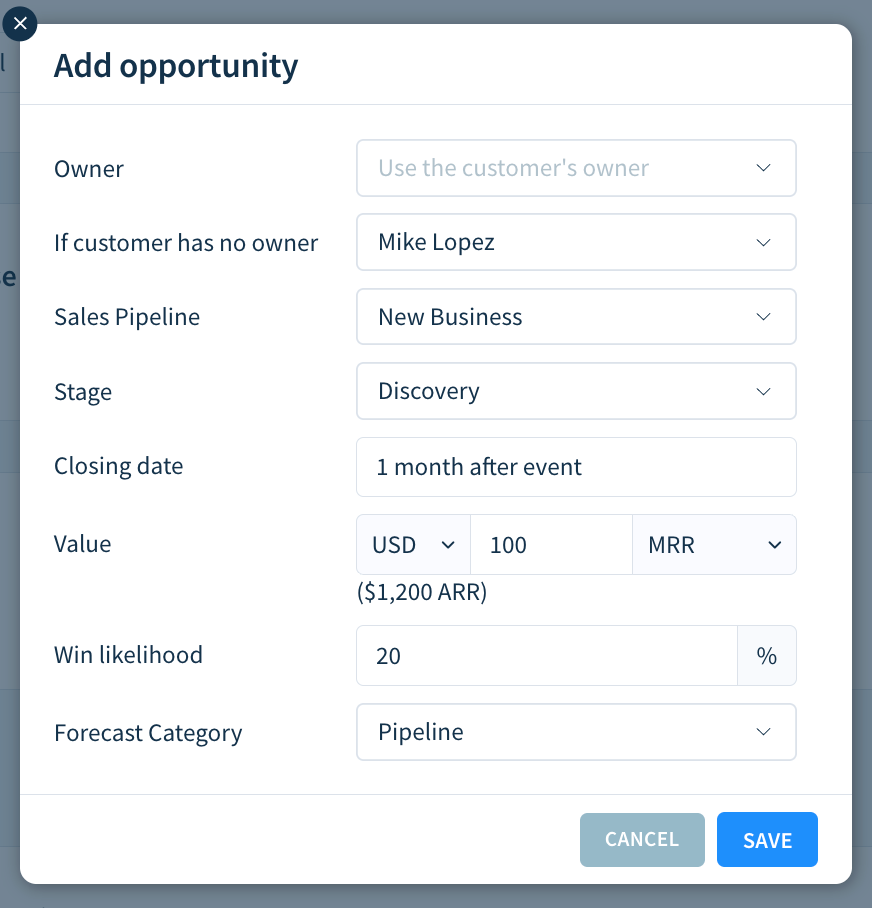 Screenshot of the Add opportunity modal with options described here.