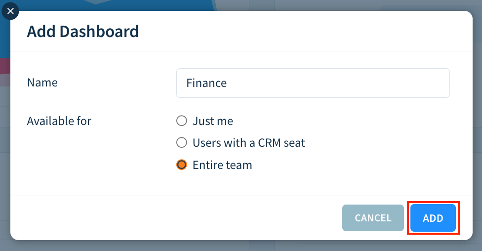 Screenshot of the Add Dashboard dialog highlighting the Add button.