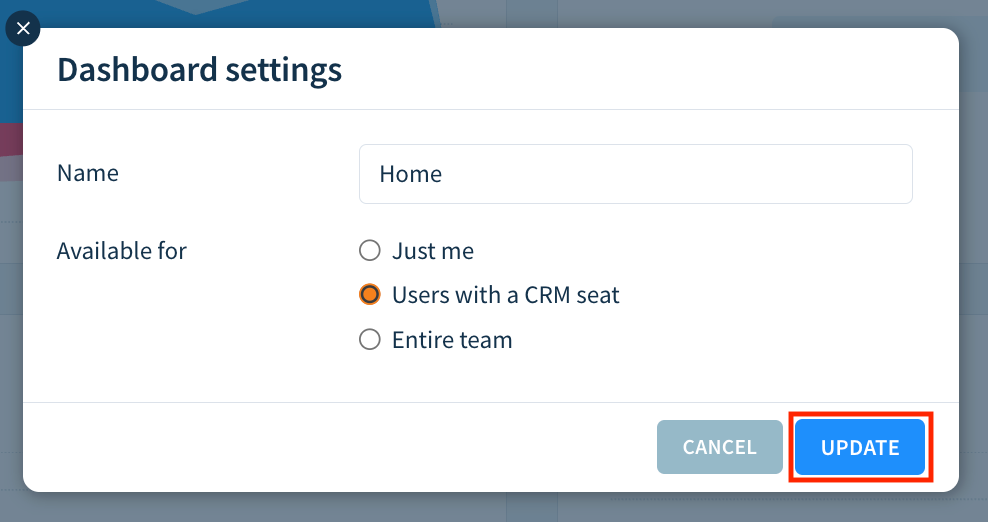 Screenshot of the Edit Dashboard dialog highlighting the Update button.