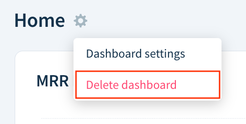 Screenshot of a dashboard drop-down with the Delete dashboard option highlighted.