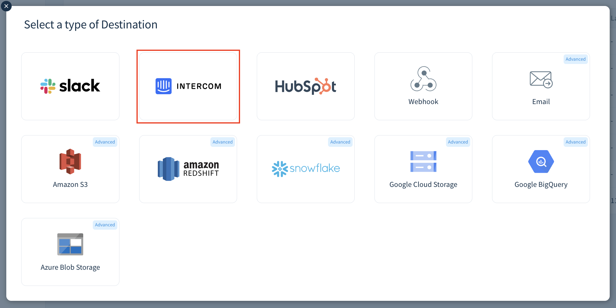Screenshot of the modal to select a destination type, with Intercom highlighted.