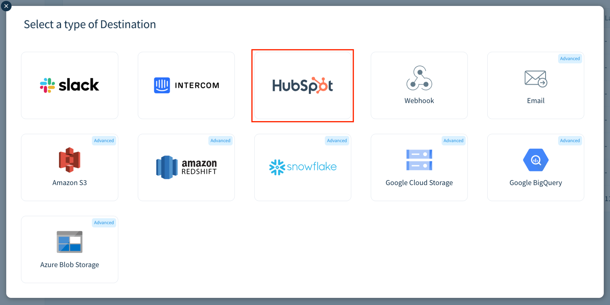 Screenshot of the modal to select a destination type, with HubSpot highlighted.