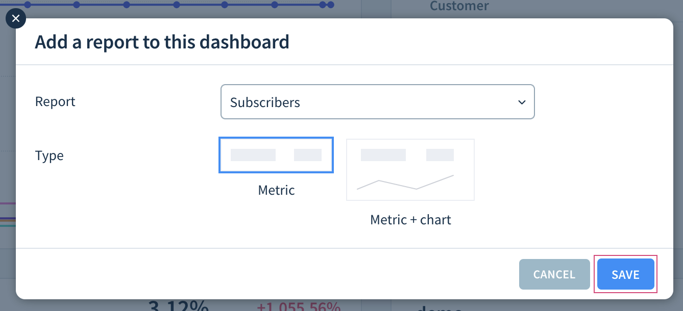 Screenshot of the Add Report dialog highlighting the Save button.