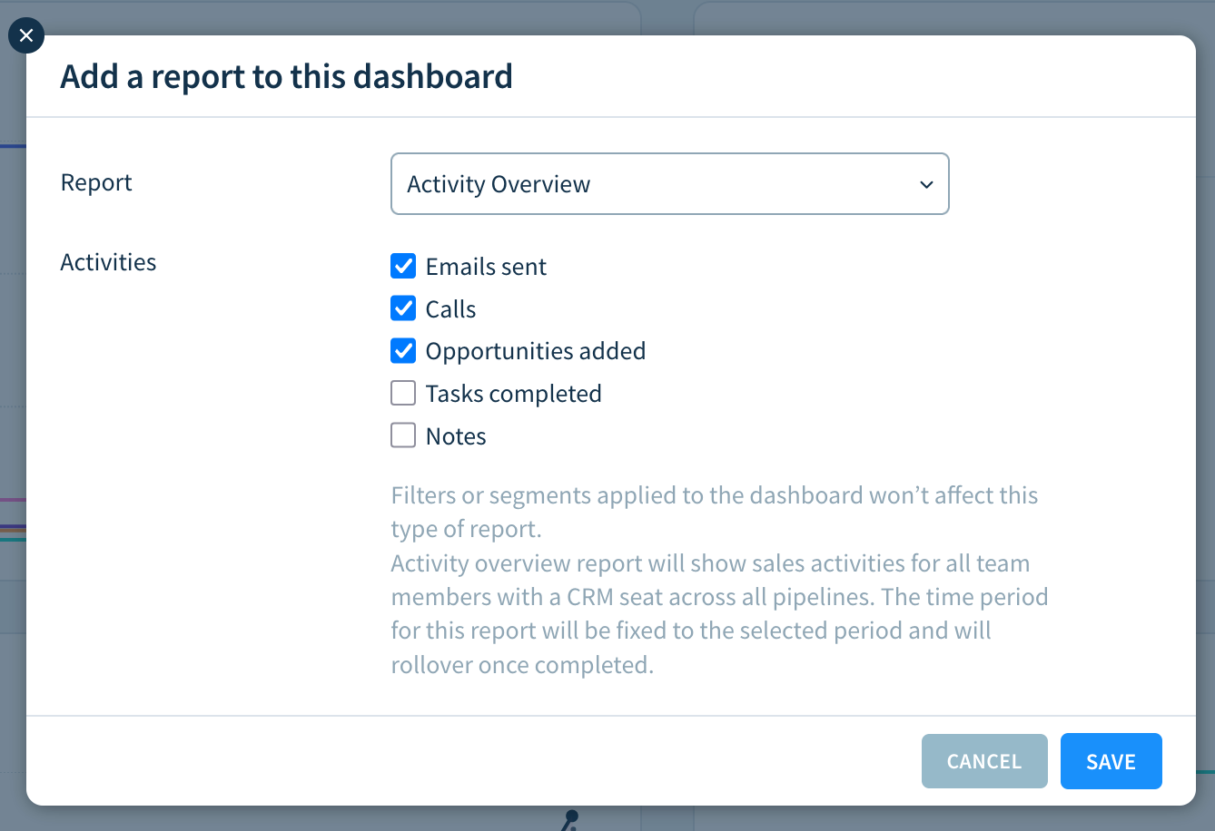 Screenshot of the Add Report dialog highlighting the Activities section with a list of checkboxes as described here.