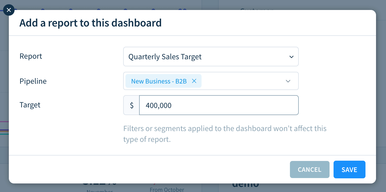 Screenshot of the Add Report dialog highlighting the Pipeline drop-down and the Target field.