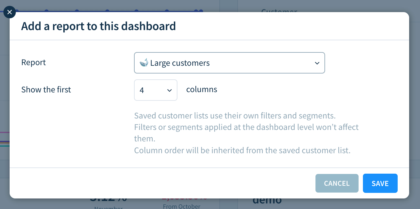 Screenshot of the Add Report dialog highlighting the dropdown to specify the number of columns to show.
