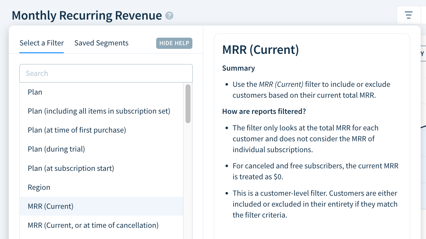 Screenshot of the filter selection drop-down with a list of attributes and a side panel displaying attribute descriptions.
