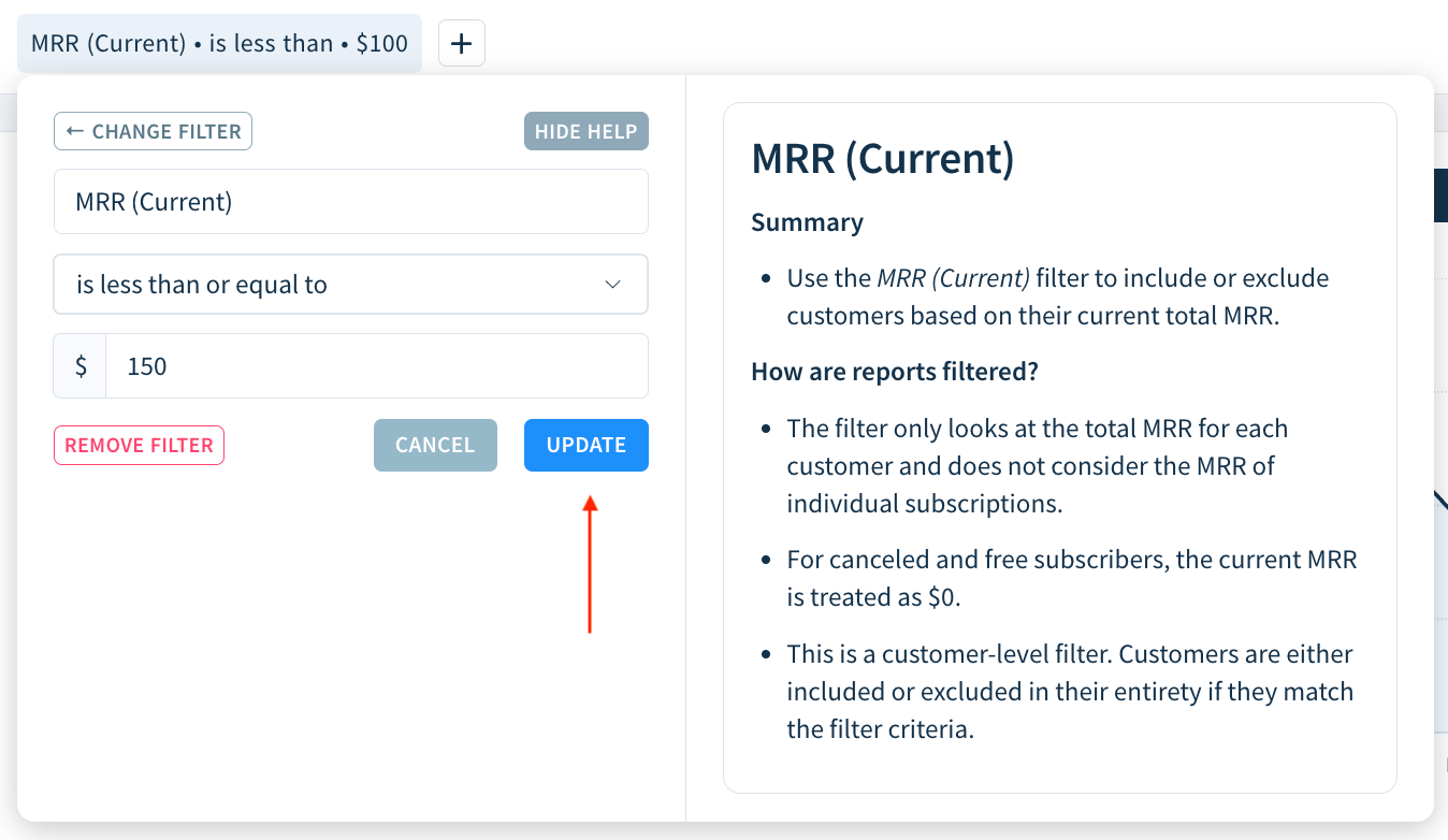 Screenshot of the drop-down visible after clicking the filter. It looks the same as the drop-down used to create the filter, but instead of the Add button, it has an Update button. There’s an option next to the buttons saying, Remove Filter.
