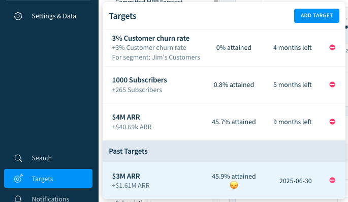 Screenshot showing a list of current and past targets from the Target menu on the sidebar.