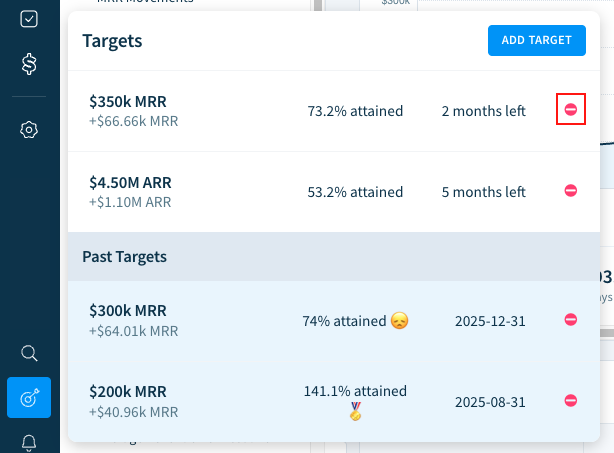 Screenshot highlighting the location of the delete icon in the Targets list