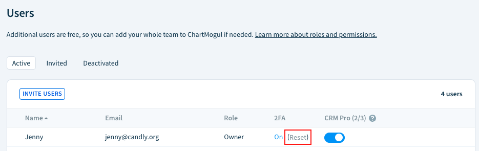Screenshot of the Users table with the 2FA reset option highlighted.