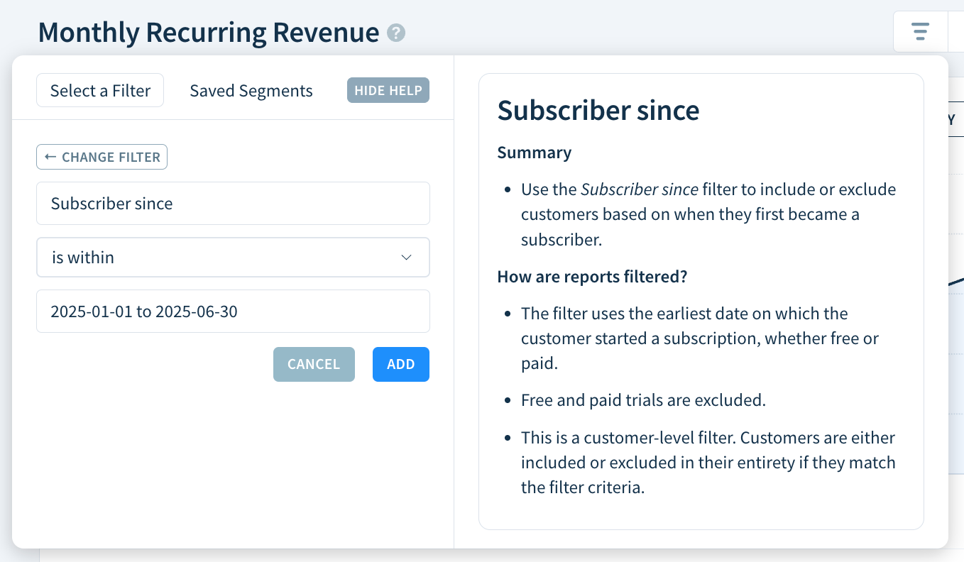 Screenshot showing the selection of the Subscriber since attribute with the date range as described here