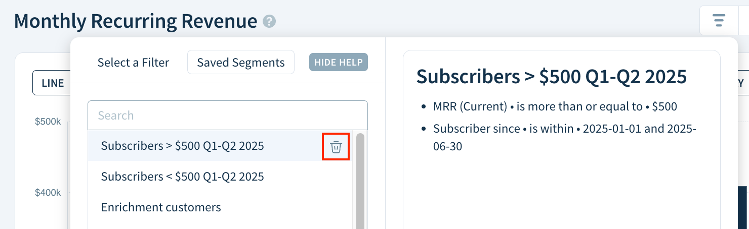 Screenshot showing the Saved Segments tab of the filter drop-down with the trashcan icon next to a segment highlighted