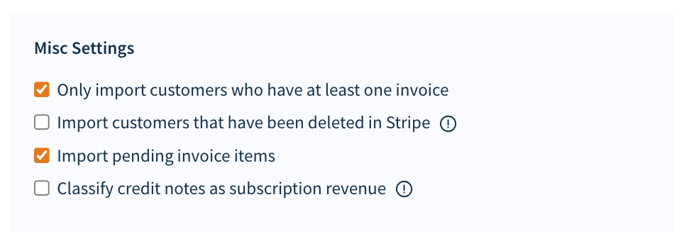 Screenshot of the Stripe Misc Settings section with Import pending invoice items selected.
