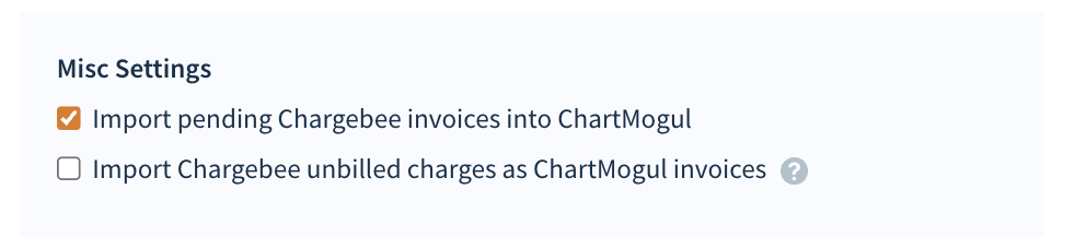 Screenshot of the Chargebee Misc Settings section with Import pending Chargebee invoices into ChartMogul selected
