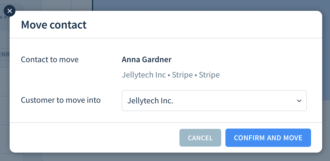 Screenshot of the Move contact dialog displaying the the drop-down to select a new customer and the Confirm and Move button.