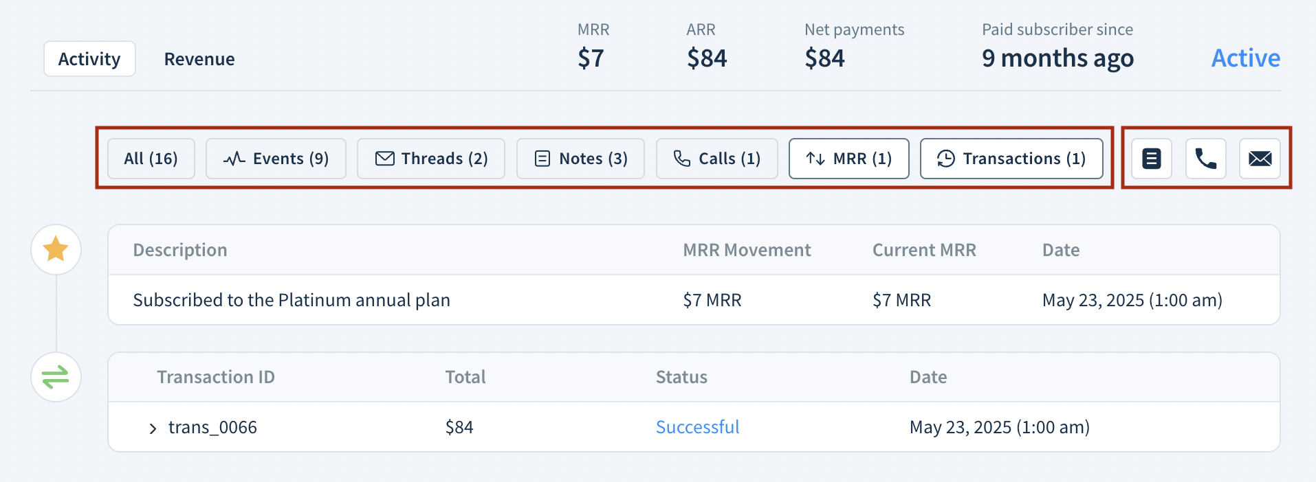 Screenshot of the activities list showing the header buttons and icons as described here
