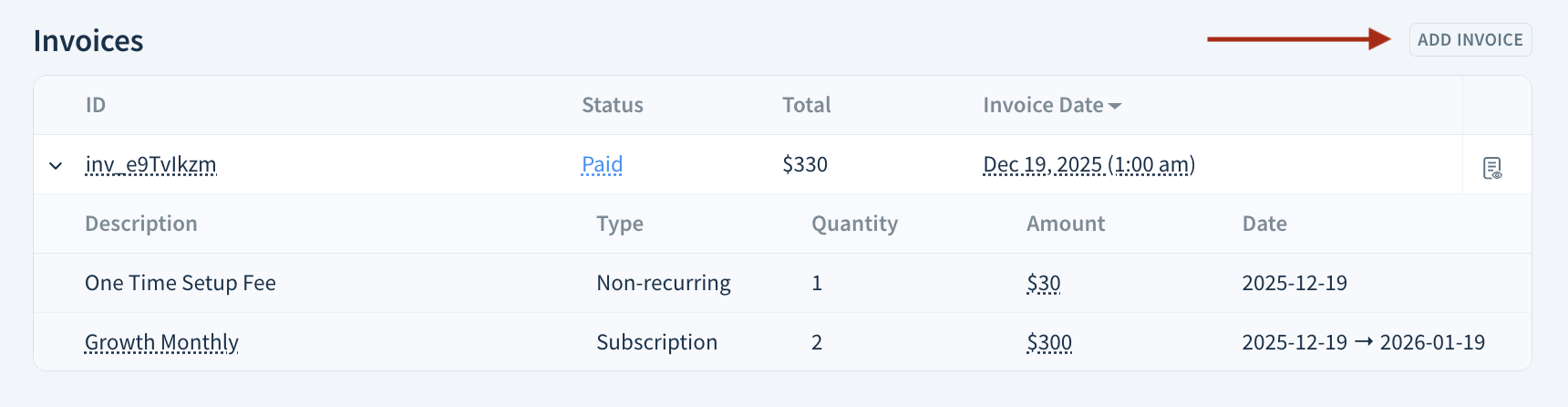 Screenshot of the Invoices table with the Add Invoice button highlighted.