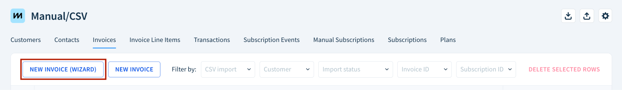 Screenshot showing the placement of the New Invoice (Wizard) button.