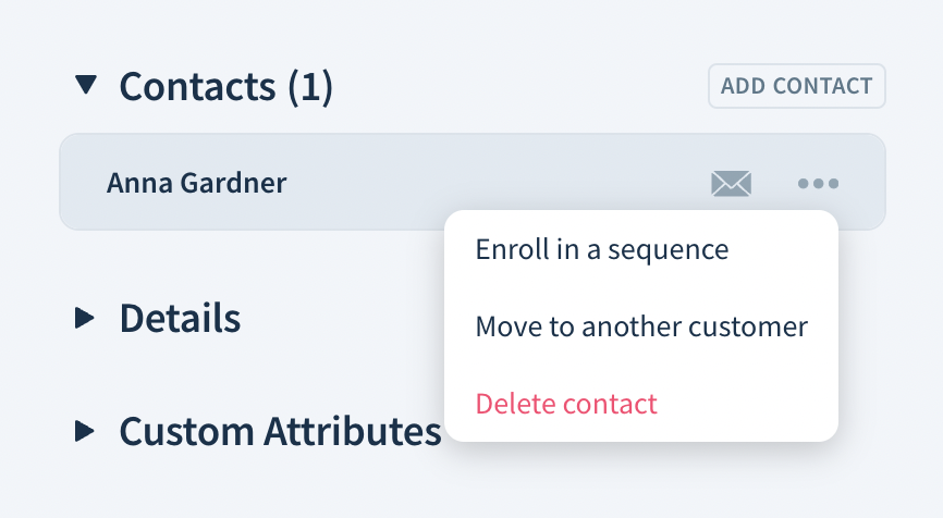 Screenshot of the drop-down with the options to enroll in a sequence, move to another customer, and delete a contact.