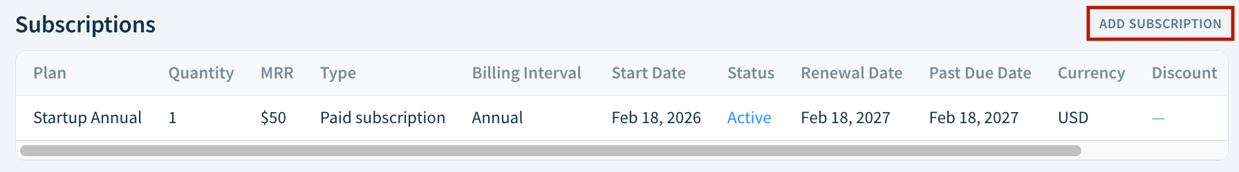 Screenshot of the Subscriptions table with the Add Subscription button highlighted.