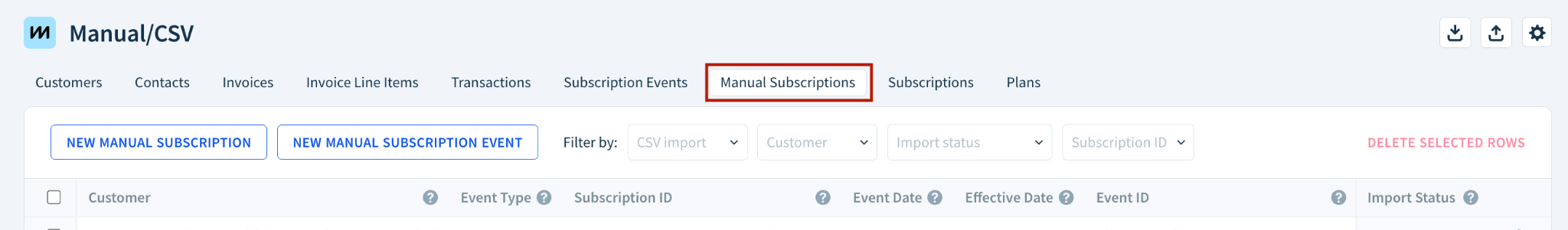 Screenshot highlighting the location of the Manual Subscriptions tab.