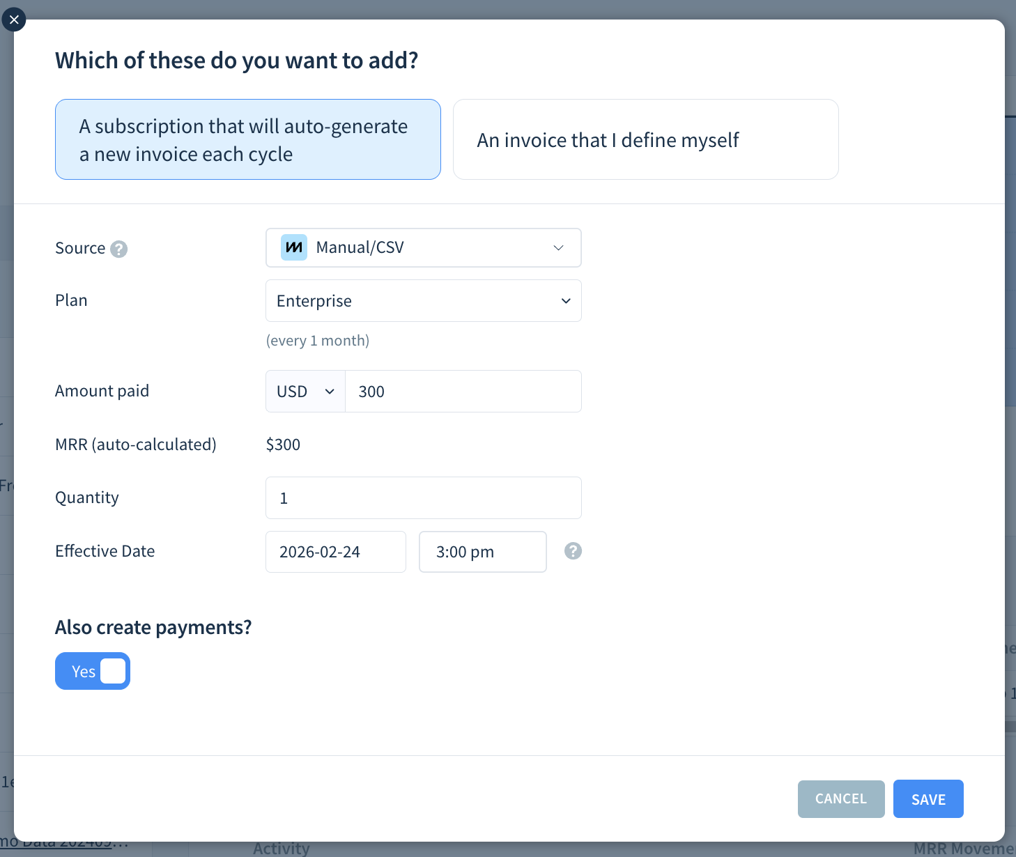 Screenshot of the invoice editor showing the tab used to create a manual subscription.