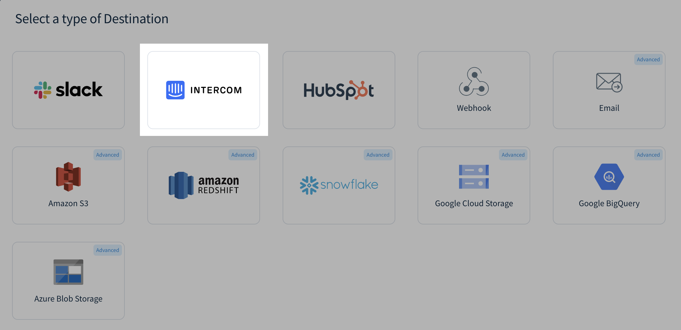 Screenshot of the modal to select a destination type, with Intercom highlighted.