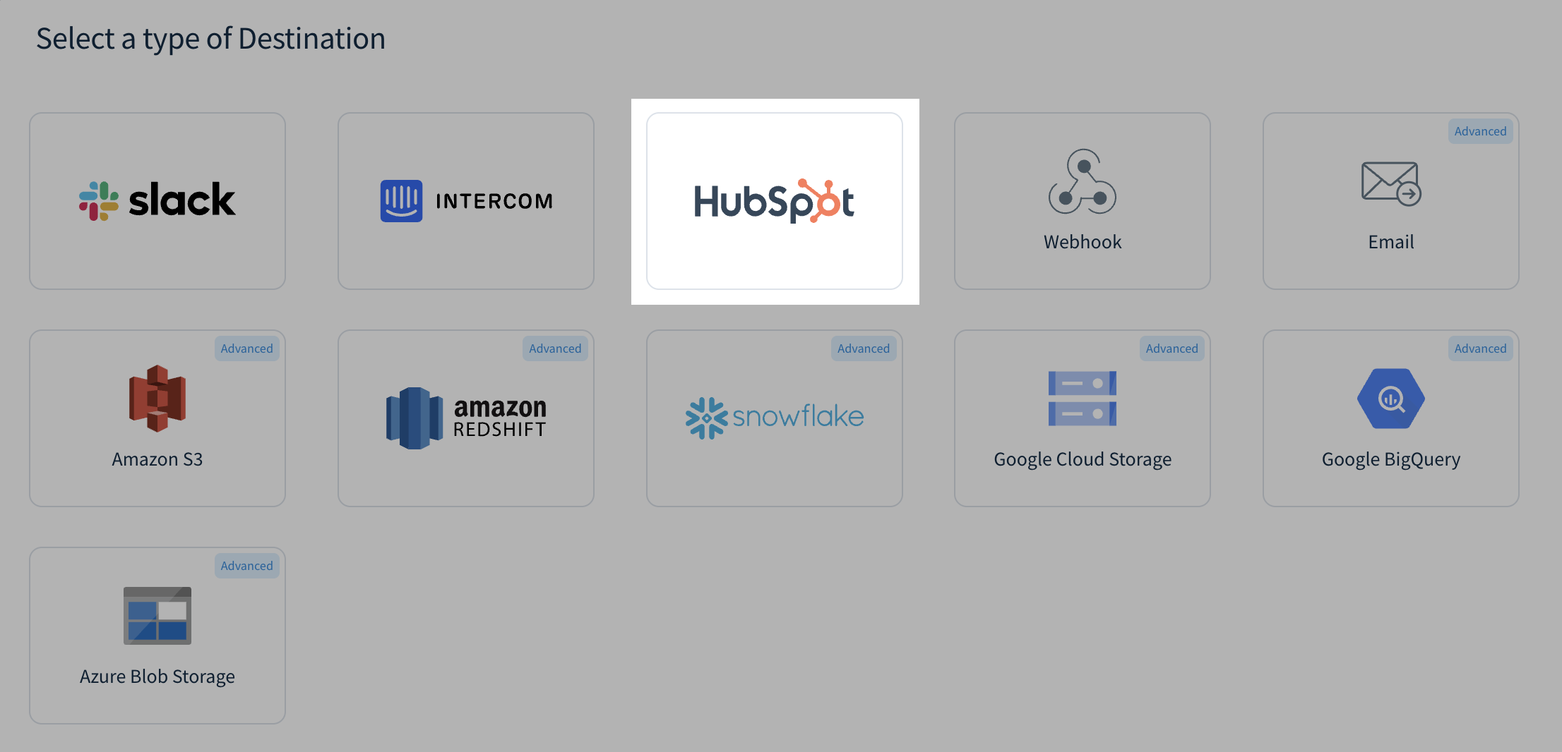 Screenshot of the modal to select a destination type, with HubSpot highlighted.