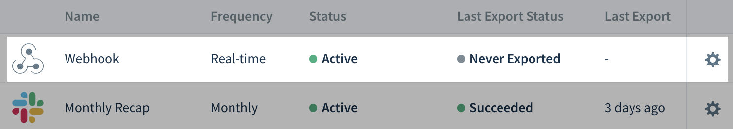 Screenshot of destinations list showing webhook row