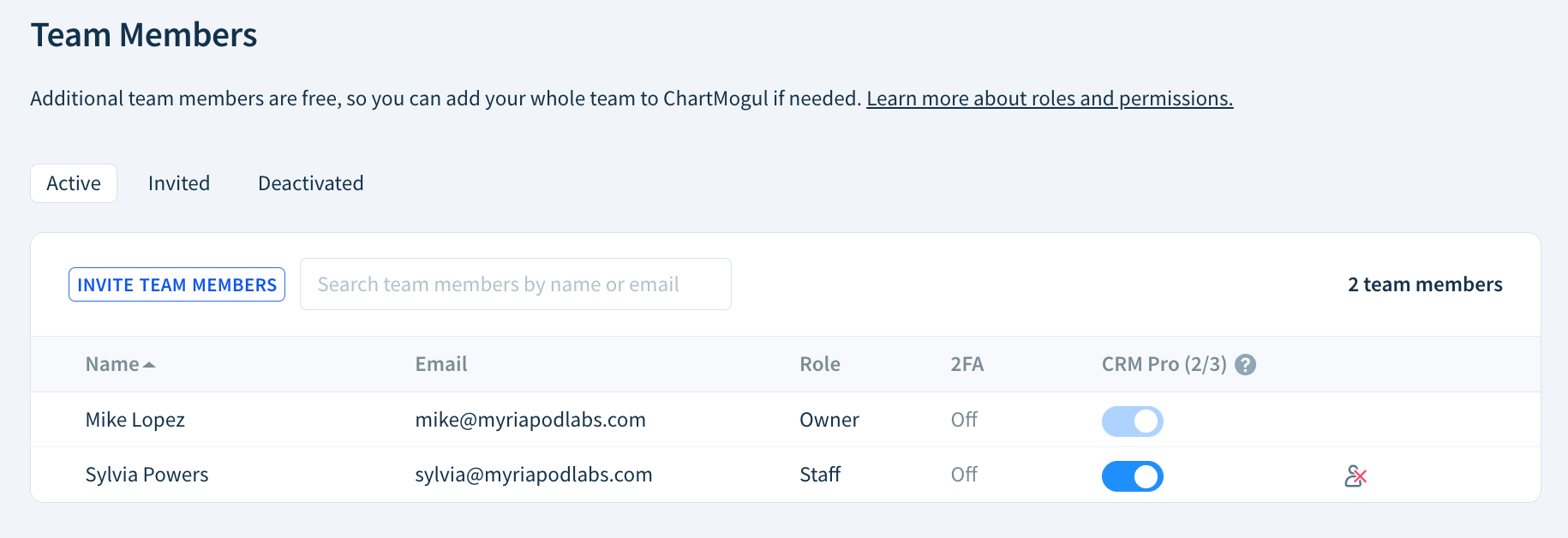 Screenshot of the Team Member page with the Active tab open.