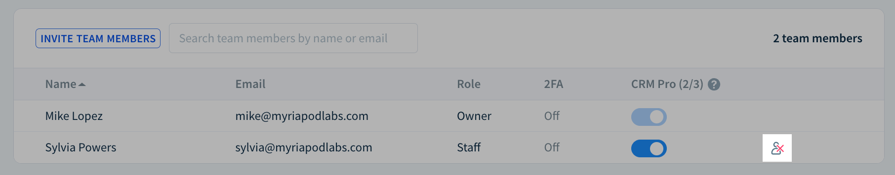 Screenshot highlighting the location of the team member deactivation icon