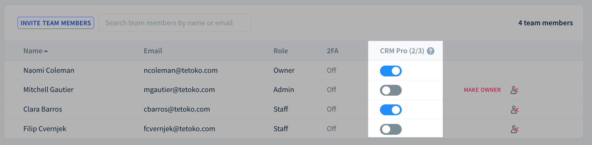 Screenshot of the Team Members table showing the placement of the CRM Pro toggle.