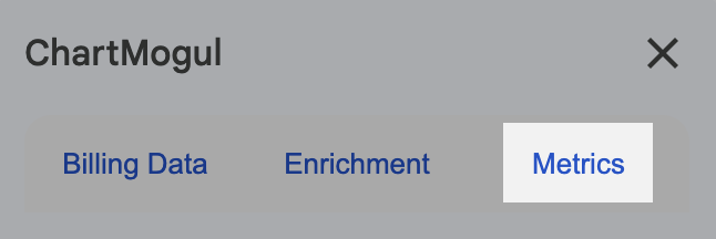 Screenshot of the side panel with the Google Sheets app showing the location of the Metrics tab.