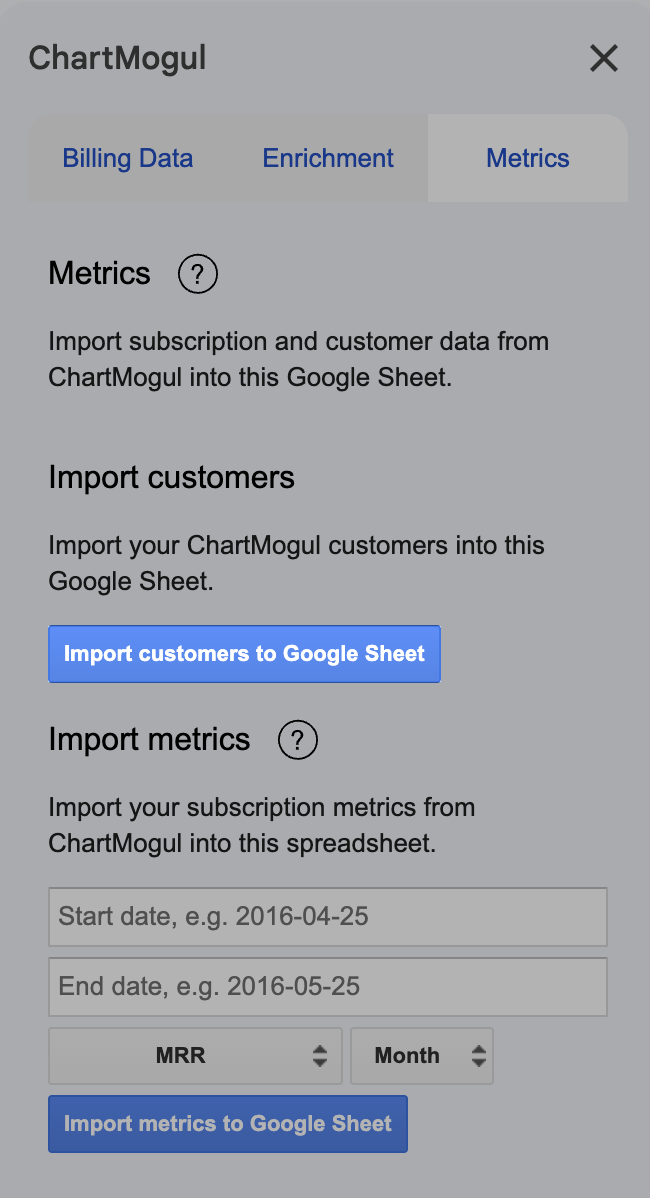 Screenshot of the Metrics tab highlighting the location of the Import customers to Google Sheet button.
