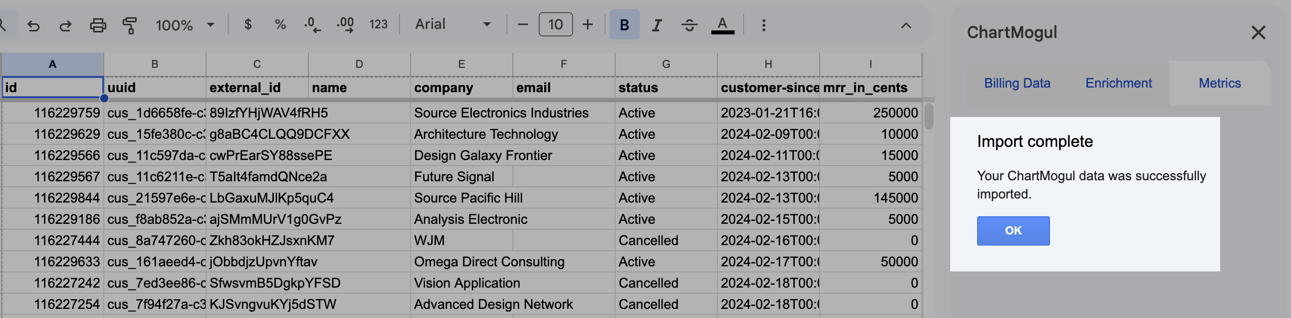 Screenshot of import complete alert in Google Sheets App