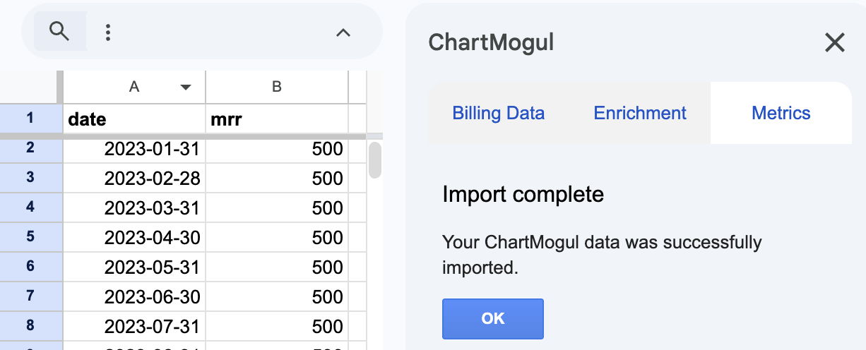 Screenshot of a Google Sheet populated with MRR data exported from ChartMogul. The Google Sheet app displays the message, Import complete.