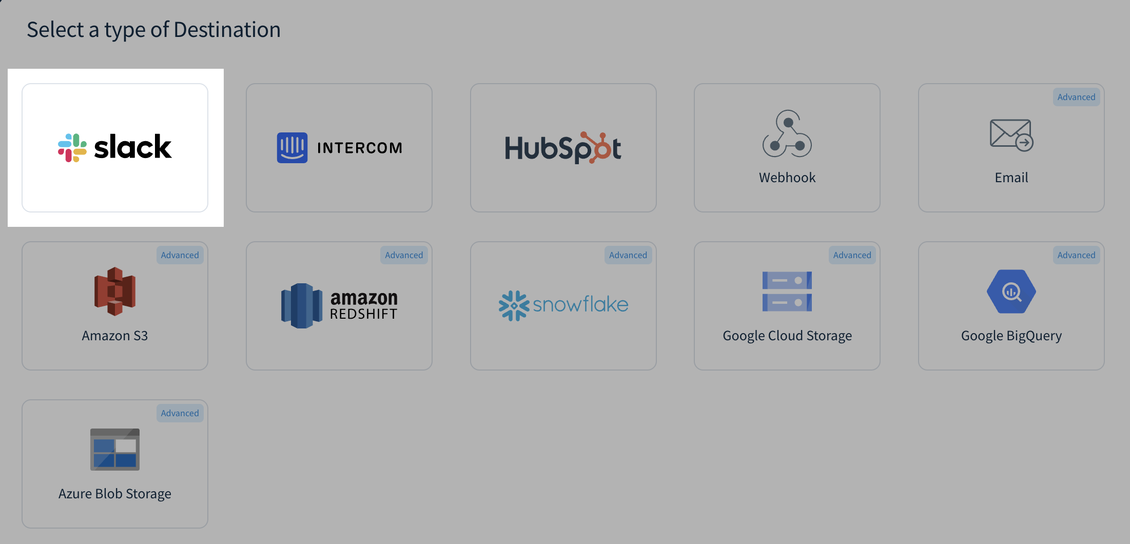 Screenshot of the Select a type of Destination dialog with the Slack option highlighted.