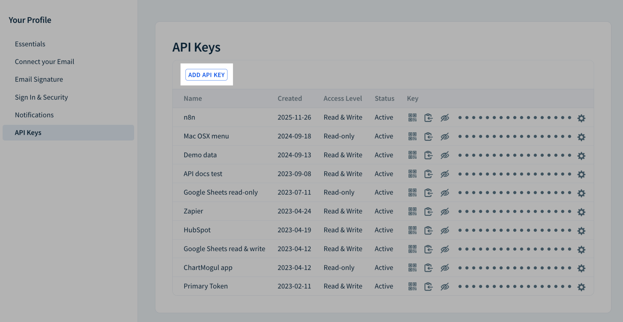 Screenshot of the API page, with a table listing various API keys and a link above the table saying, “Add API Key”.