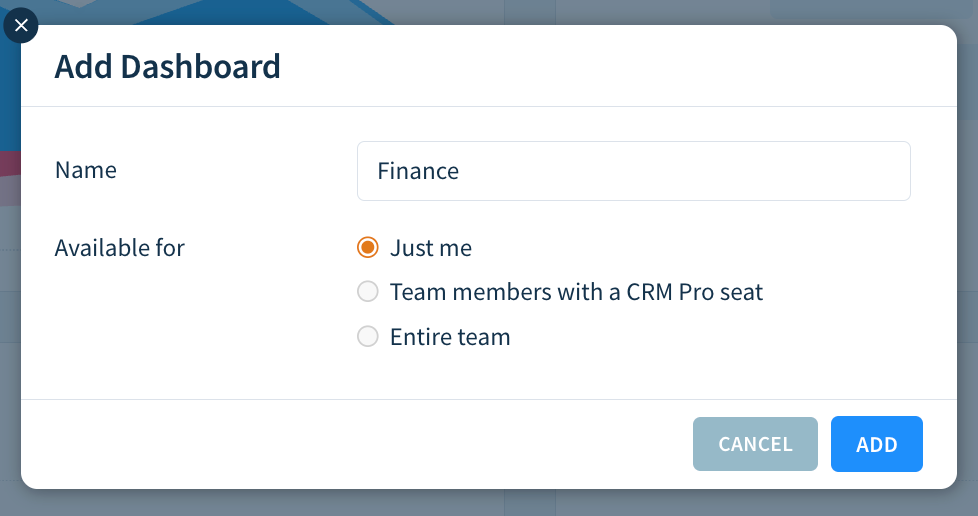 Screenshot of the Add Dashboard dialog highlighting the Add button.