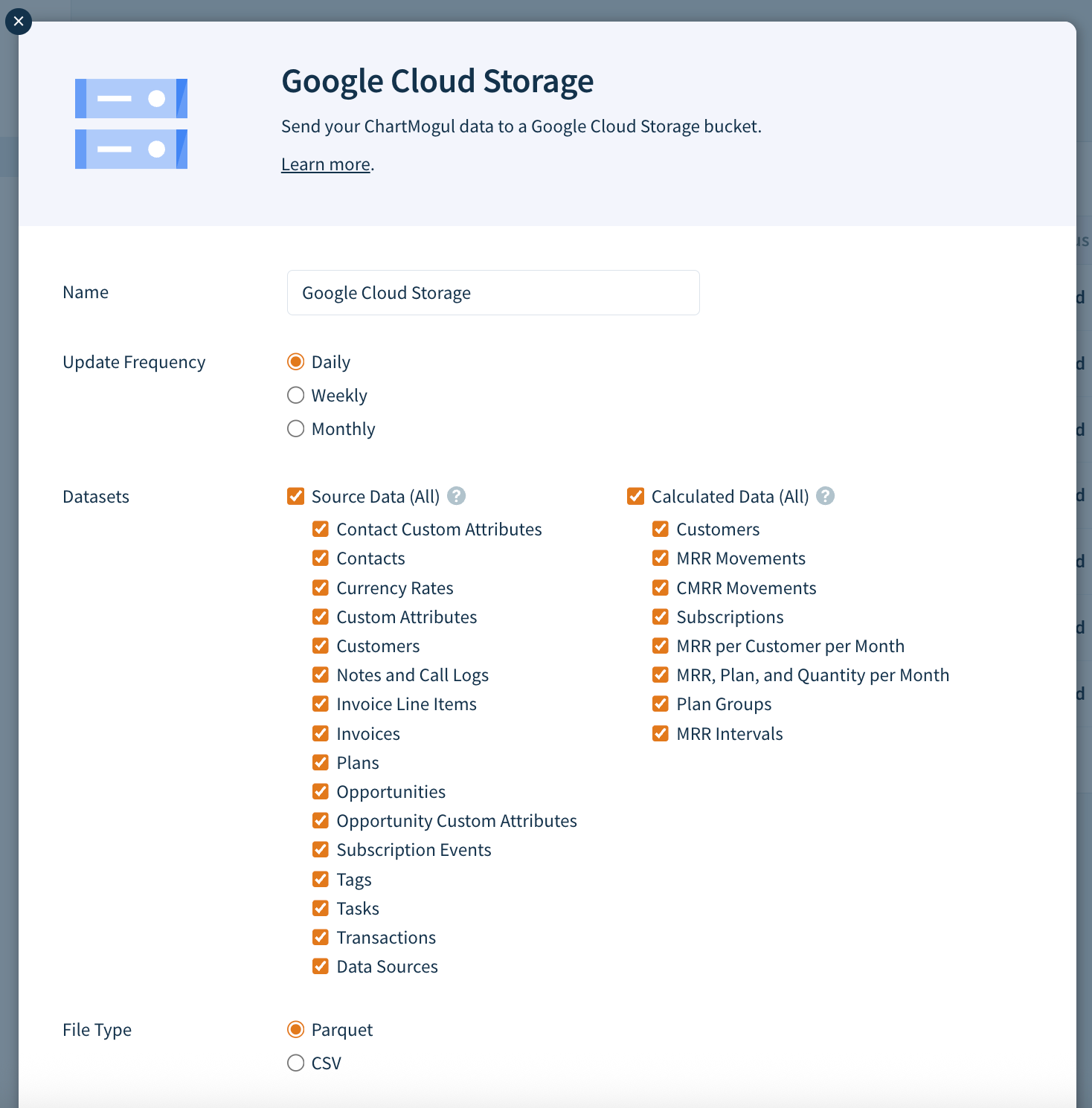 Screenshot of the Add a Destination dialog with some of Datasets selected.