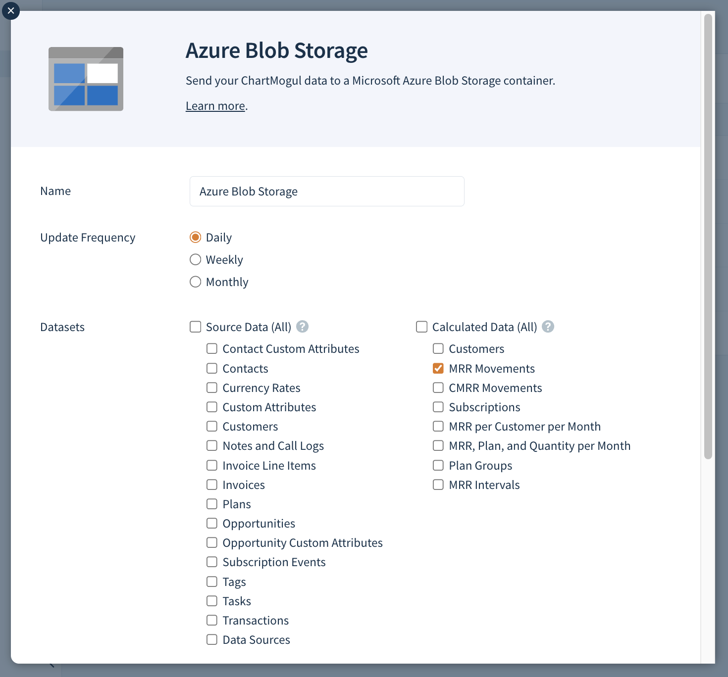 Screenshot of the Add a Destination dialog with some of Datasets selected.