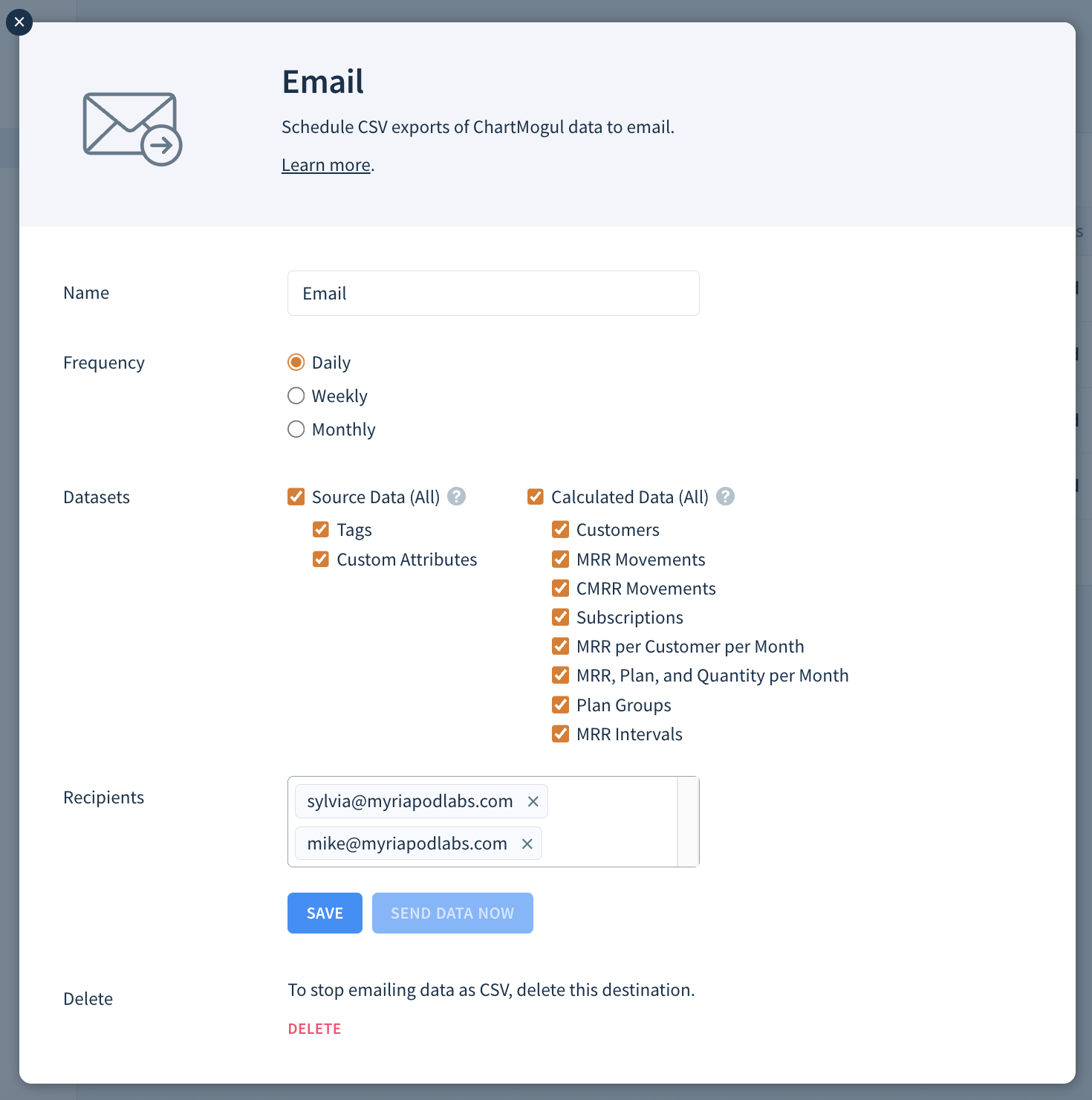 Screenshot of the modal to configure email destination settings.