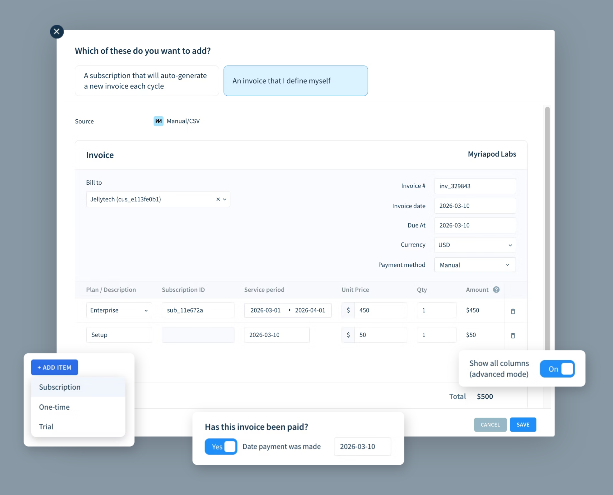 Screenshot of the invoice wizard highlighting the options to add a line item, mark the invoice as paid and show all line item columns.