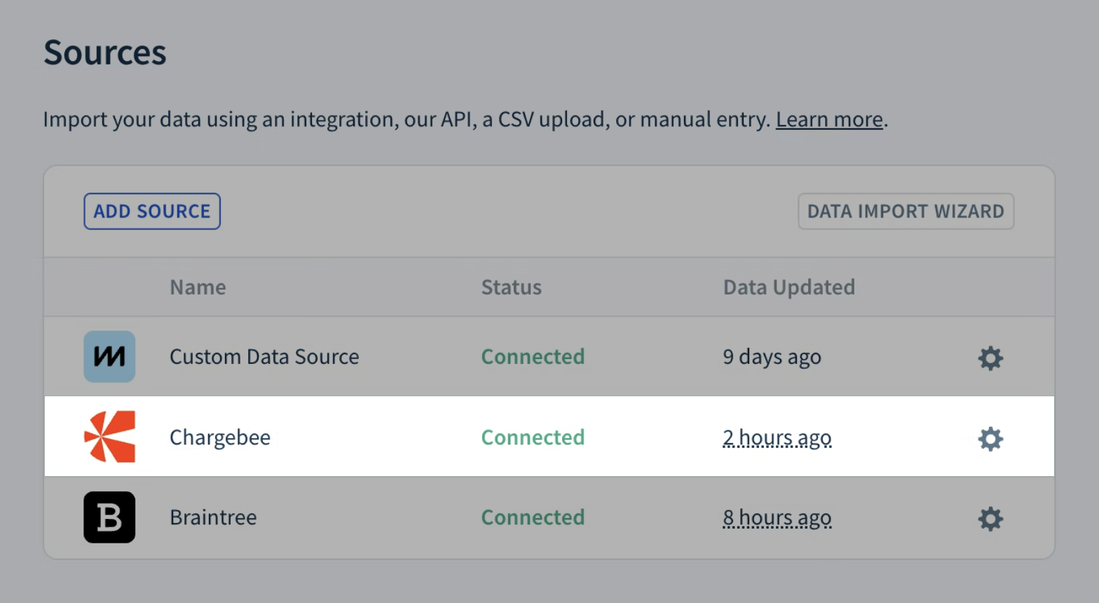 Screenshot of a list of sources with a Chargebee source highlighted.