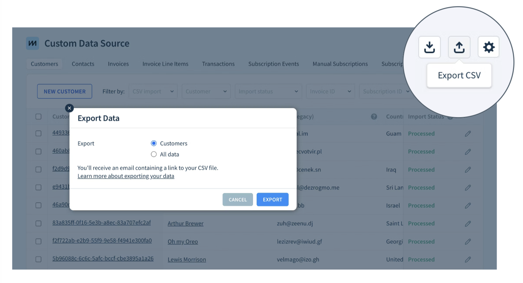 Screenshot showing the Export CSV icon and the pop-up to export data.