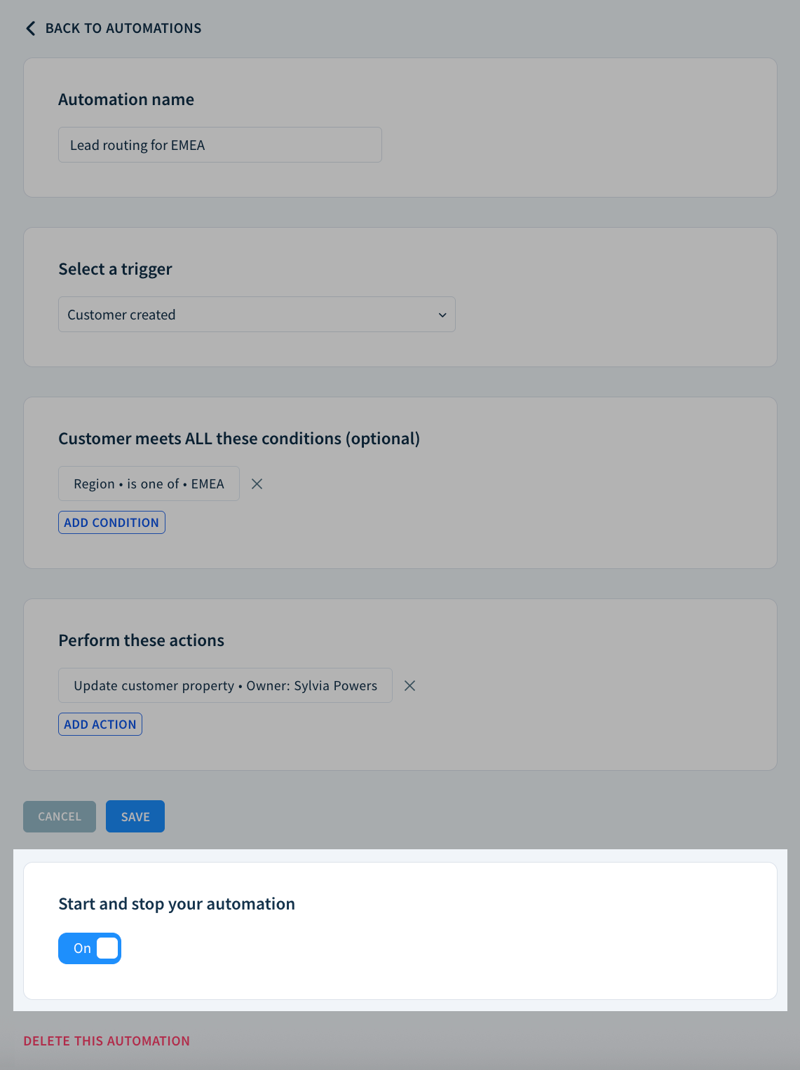 Screenshot of the automations page highlighting the Start and stop your automation section