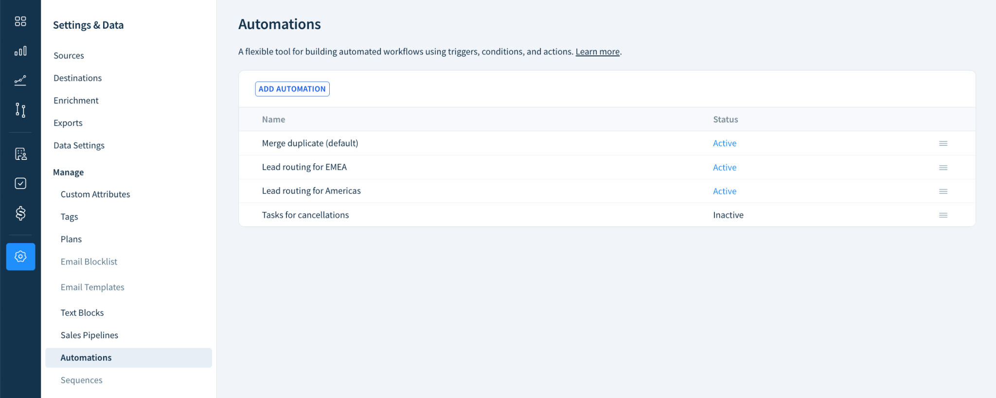 Screenshot of the Automations page listing all automations.