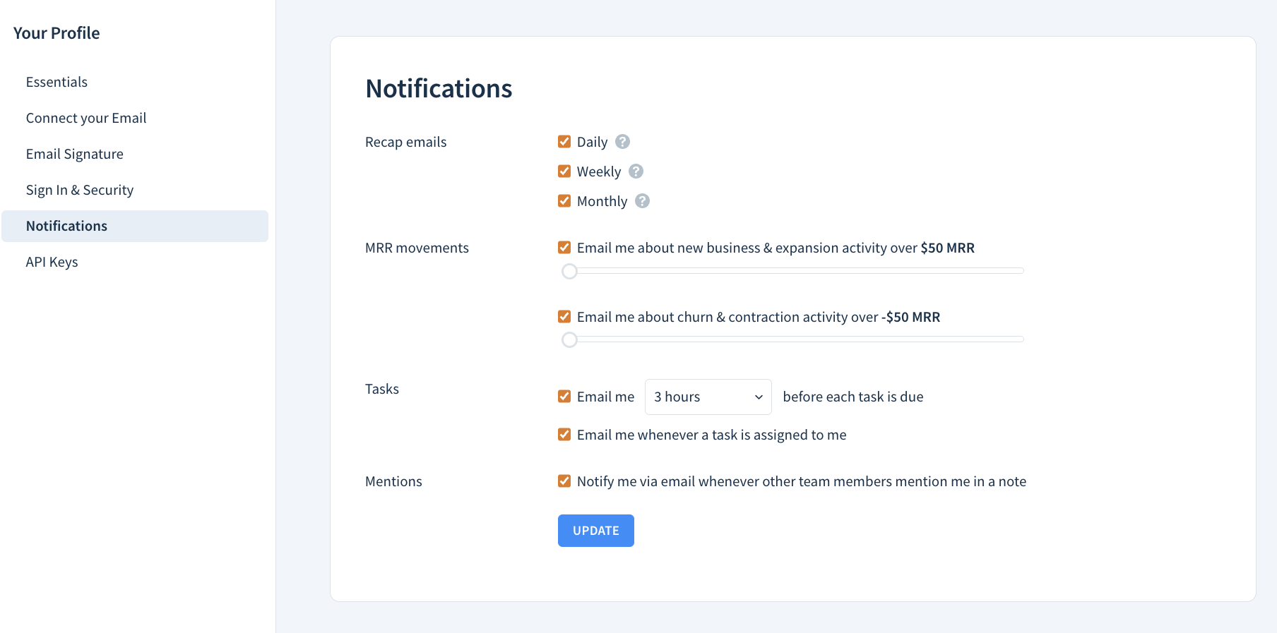 Screenshot of the Notifications page with three sections: Recap emails, MRR Movements and Tasks.