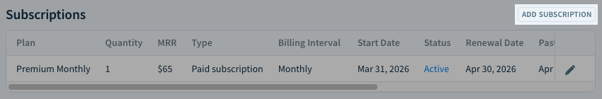 Screenshot of the Subscriptions table with the Add Subscription button highlighted.